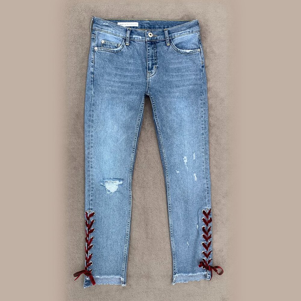 Pilcro and the Letterpress Side Velvet Lace Up Mid Rise Straight Leg Jeans Sz 26